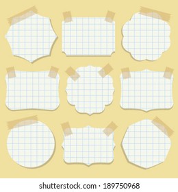 Shapes of note paper with tape. Vector illustration.