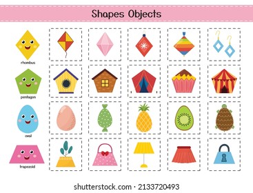 Shapes objects set for kids. Basic geometric shapes elements collection. Material for school and preschool activities and worksheets. Vector illustration