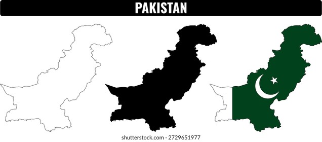 Shapes of Pakistan shown in three different styles for educational purposes and mapping