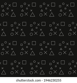 Shapes Pattern. Black Background And Black Crosses, Circles, Triangles, Squares.