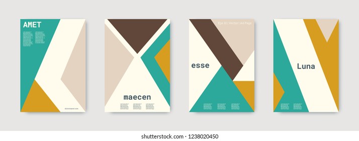 Shapes patterns. Nude, gold, white, bright colorful set graphic design covers. Triangle design template. Cool geometric shape compositions. Triangle business design. Futuristic shapes patterns.