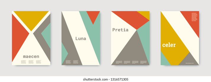 Shapes patterns. Pink, gold, green, bright colorful set graphic design covers. Triangle design template. Cool geometric shape compositions. Triangle business design. Futuristic shapes patterns.