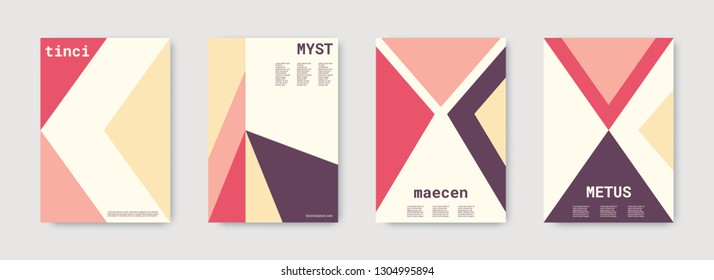 Shapes patterns. Purple, red, gold, white, bright colorful set graphic design covers. Triangle design template. Cool geometric shape compositions. Triangle business design. Futuristic shapes patterns.