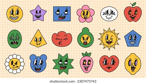 Shapes with retro faces. Funny emotional characters, old cartoon style, rubber facial expressions, happy color mascots, happy and surprised emoji, comic heart, flower and star, tidy vector set