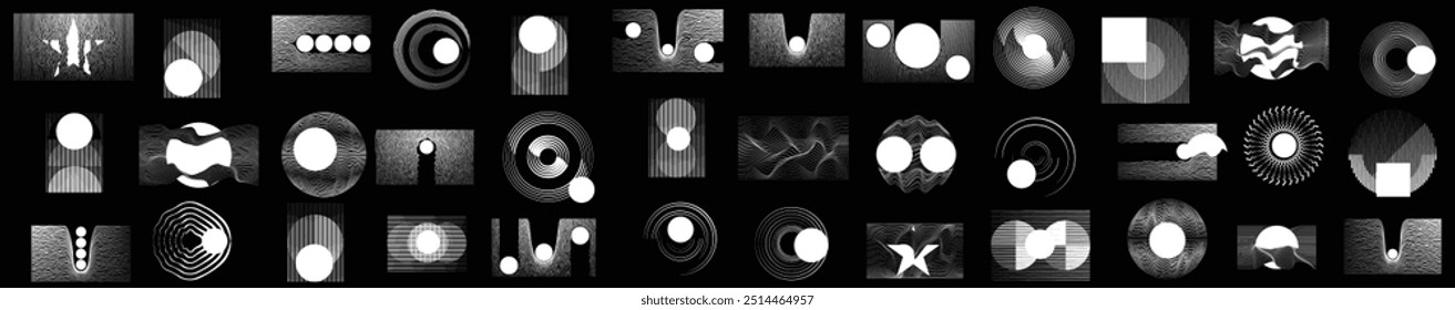 Shapes with rotating lines and circles in various forms for modern design . Vector design elements .Vector round logo collection . Decorative geometric figures and shapes. Set of lines art.