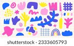 Shapes set in hand drawn doodle cute style. Abstract shapes, lines, elements collection. Background with funny moody character, flower, tree, bird, leaf, swirls, dots. Printable page, cover, card