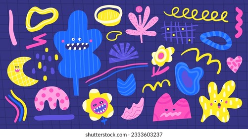 Shapes set in hand drawn doodle cute style. Abstract shapes, lines, elements collection. Background with funny moody characters, flower, tree, moon, leaf, swirls, dots. Printable page, cover, card