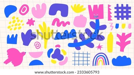 Shapes set in hand drawn doodle cute style. Abstract shapes, lines, elements collection. Background with funny moody character, flower, tree, bird, leaf, swirls, dots. Printable page, cover, card