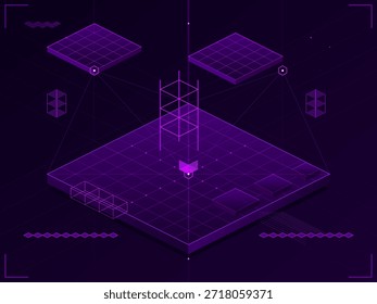 Las Formas y estructuras se colocan en un espacio púrpura con un piso de rejilla. Algunos Elementos flotan por encima mientras una figura central se mantiene alta. Esta escena muestra un espacio de trabajo de diseño utilizando herramientas digitales.