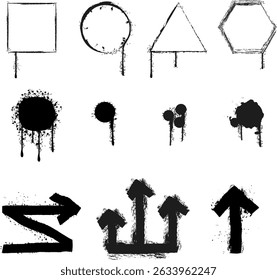 Shapes and symbols created with black paint showcasing various geometric forms on a plain background.