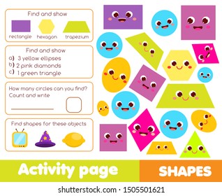 Shapes theme activity page for kids. Educational children game list for learning geometric forms