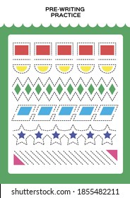 Shapes. Tracing practice for kids. Pre-writing worksheet for little children. Prescool or kindergarten super handwriting practice. Fine motor skills. Lets trace dashed lines. Activity Game. Green.