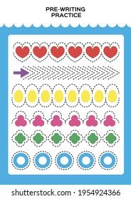 Shapes. Tracing practice for kids. Pre-writing worksheet for little children. Prescool or kindergarten super handwriting practice. Fine motor skills. Lets trace dashed lines. Activity Game. Blue.