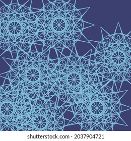 Shapes Vintage Lace Turquoise Cold Ice Light Background. Complicated Indigo Print Chaotic Messy Pattern Mystery Stars Ornament. Dark Mandala Ornamental Calm Textile Blue Folk Luxury Background.