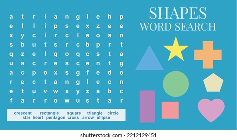 Shapes Word Search worksheet. Educational worksheet for kids. Ready to print file. Printable worksheet. Word search game for children. Vector illustration file.