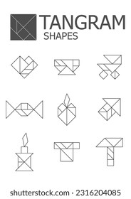 ShapesSet tangram Linear illustration on a white background. isolated icons. Tangram children brain game cutting transformation puzzle vector set.