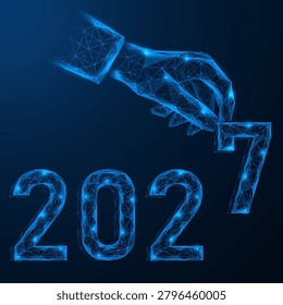 Shaping the future by 2027. Above the numbers is a digital hand holding the number seven. The concept symbolizes the active participation of man and technology in creating the future.