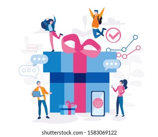 Shaping gift online, Chooses gifts in smartphone or computer, Vector illustration for web banner, infographics, mobile application for gifts. 