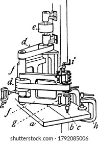 A shaping machine, a hand-held router implemented for cutting hard materials as glass, plastics, wood and steel or shaper of wood, metal, or stone, vintage line drawing or engraving illustration.