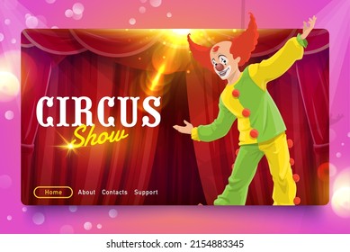 Shapito circus cartoon clown, website landing page or online vector banner. Circus or funfair carnival performance landing page for web site template with menu buttons and clown joker on stage