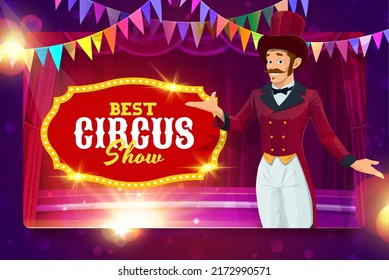 Shapito circus cartoon entertainer on stage, funfair carnival show vector poster. Kids circus performance or ticket booth and web banner with entertainer or performer man in hat and costume - Shutterstock ID 2172990571
