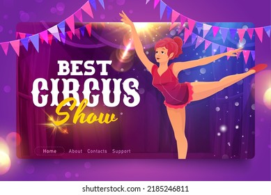 Shapito Circus Cartoon Gymnast Or Aerialist, Circus Website Or Landing Page Vector Template. Funfair Carnival Or Circus Performance And Magic Show Website For Online Ticket With Menu Buttons