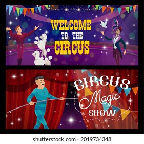 Shapito circus cartoon magician, trainer and rope walker, vector funfair carnival show. Circus funfair carnival magic show performance of magician illusionist, tightrope walker and trained dogs