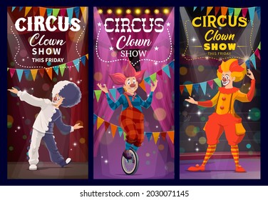 Shapito circus clowns and harlequin characters, funfair carnival performers, vector. Shapito circus or tent funfair carnival show, cartoon clowns and harlequins in wigs on circus stage