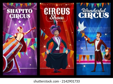 Shapito circus magician, acrobat and human cannonball, vector funfair carnival show. Circus carnival and funfair show performance of cannon bullet man, illusionist and magician with dove trick