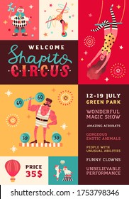 Shapito circus performance promo poster vector flat illustration. Funny clown, strongman, acrobats, trained animals, trapeze artist, and hooper performing show. Announcement with place for text