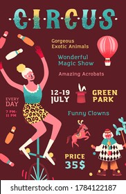 Shapito circus performance promo poster. Funny clown, woman juggler on monocycle, trained horse, rabbit and magic performing show. Announcement with place for text. Flat vector cartoon illustration