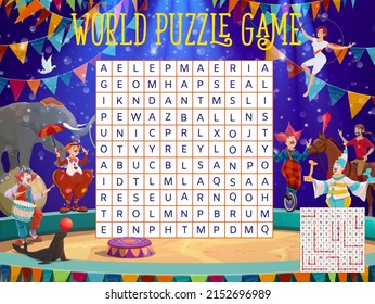 Shapito circus performers on stage word search vector puzzle game worksheet. Kids quiz grid of funfair carnival word maze with cartoon characters of clown, acrobat, trapeze girl and trained animals