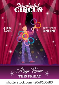 Shapito circus poster, cartoon juggler on big top tent stage with curtains and spotlight. Vector announcement flyer, artist character dressed in costume throwing rings. Magic show tricks, performance