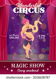 Shapito Circus Poster, Woman With Snake Performing On Big Top Arena. Vector Flyer With Girl Artist Character With Trained Python On Scene. Invitation On Magic Show, Buy Tickets Online Cartoon Design