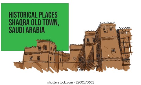 Shaqra Old Town,historical places Saudi Arabia,ILLUSTRATION Art Vector. 