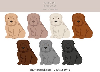 Shar Pei bear coat puppies clipart. Different poses, coat colors set.  Vector illustration