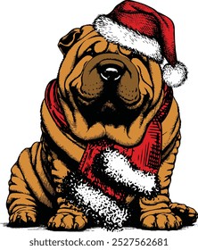 Shar Pei breed in red hat of Santa Claus, Funny Christmas Dog, Dog Christmas Winter Holiday , Cute Christmas Dog