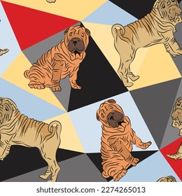 Shar Pei dog on a mosaic geometric background. Funky, colorful vibe, rainbow colors palette. Simple, clean, modern texture. Geometric, polygon style. Summer seamless pattern with dogs.Triangles.