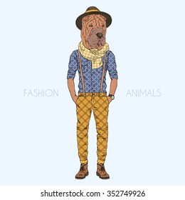 shar pei doggy boy hipster, fashion animal illustration