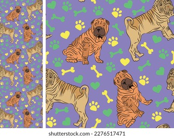 Shar pei dogs on a playful violet background with bones, hearts, paws. Funky, colorful vibe, vibrant palette. Simple, clean, modern texture. Summer seamless pattern with dogs. Birthday present.
