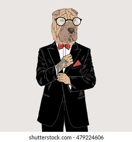 shar pei dressed up in tuxedo, anthropomorphic illustration, fashion animals