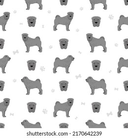 Shar Pei (modern) meat mouth seamless pattern. Different poses, coat colors set.  Vector illustration