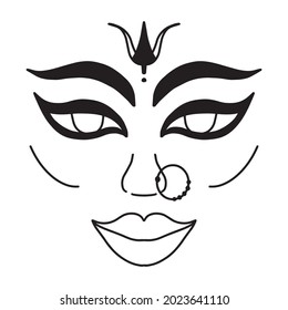 Sharad Navaratri. Dvine feminine goddess Devi Durga portrait. Indian woman face in black outline isolated on white background. Navratri Hindu autumn festival clip art.