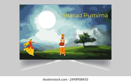Sharad Punima background with couple dancing dandiya with moon light and Hindu temple landscape