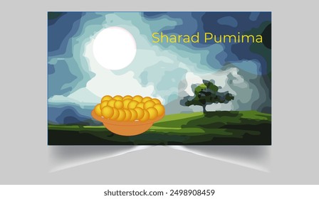 Sharad Punima background with couple dancing dandiya with moon light and Hindu temple landscape