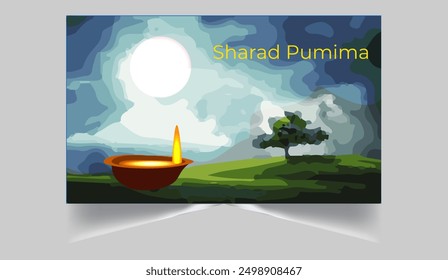 Sharad Punima background with couple dancing dandiya with moon light and Hindu temple landscape