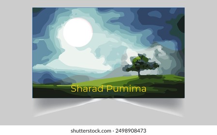 Sharad Punima background with couple dancing dandiya with moon light and Hindu temple landscape