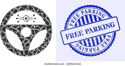 Shard mosaic autopilot icon, and blue round FREE PARKING grunge seal with tag inside round shape. Autopilot collage icon of shards elements which have randomized sizes, and positions,