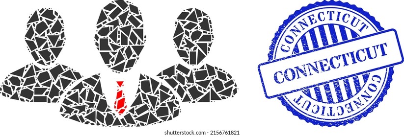 Shard mosaic boss group icon, and blue round CONNECTICUT unclean stamp seal with caption inside round shape. Boss group mosaic icon of detritus elements which have various sizes, and positions,