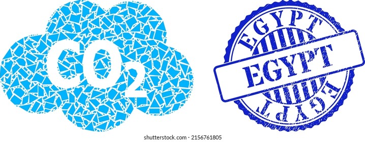 Icono de la nube de dióxido de carbono de mosaico de sombra y sello sucio de sello azul alrededor de EGIPTO con leyenda dentro de forma circular. Icono de mosaico de nube de dióxido de carbono de partículas de desechos que tienen tamaños variables,